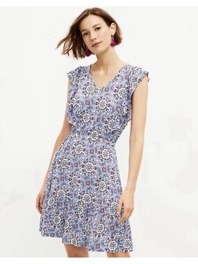 ❤️‍🔥BOGO FREE LOFT Medallion Ruffle Floral Blue Summer Petite Mini Dress MP